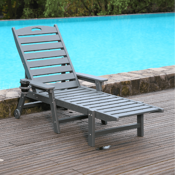 HDPE Chaise Lounge Chair Outdoor, Pool Lounge Chair with 4-Position Adjustable Backrest, Supports Up to 360 lbs for Patio Poolside Deck Beach, Gray