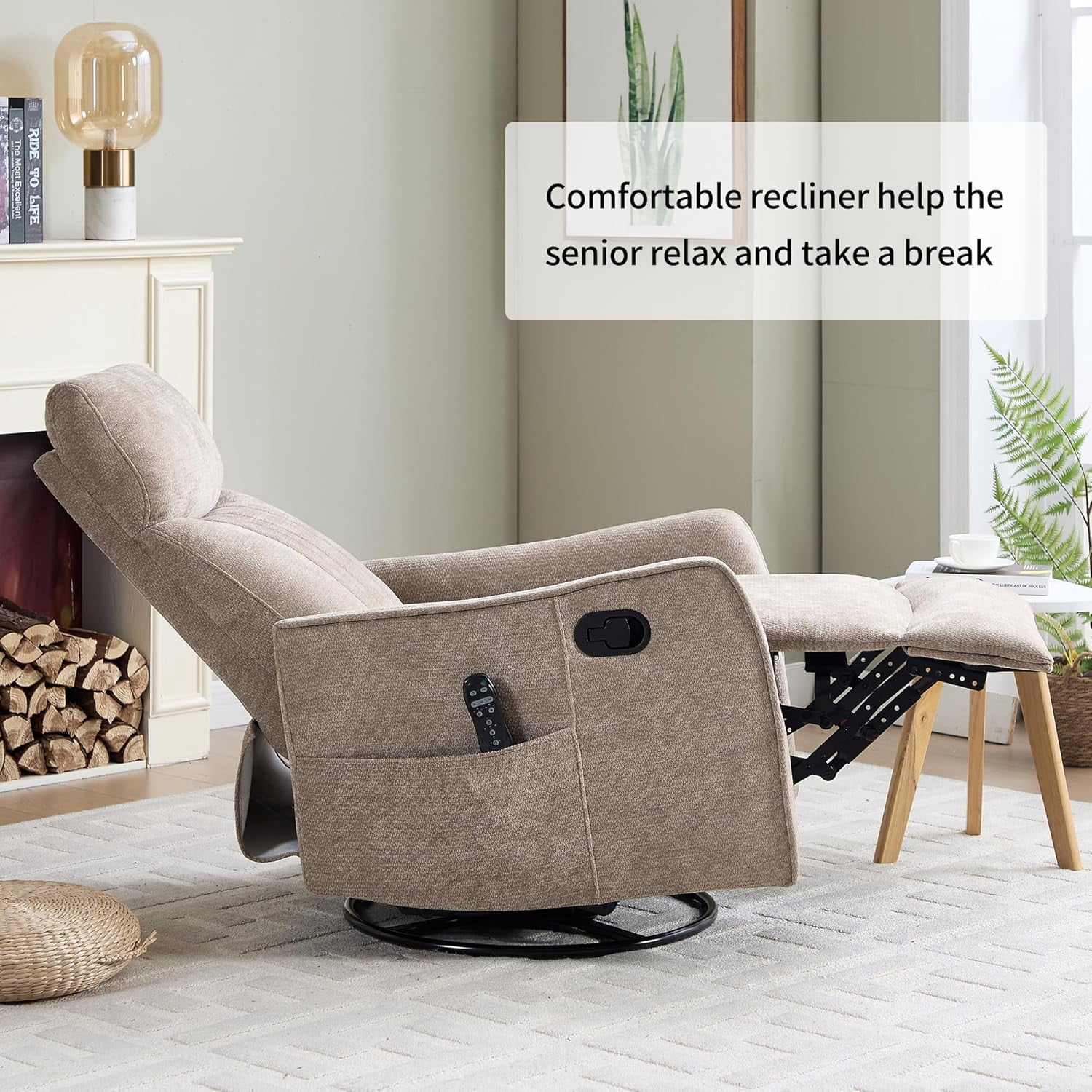 High Back Manual Recliner Chair with Heat & Massage, Swivel Rocker for Living Room Bedroom, khaki