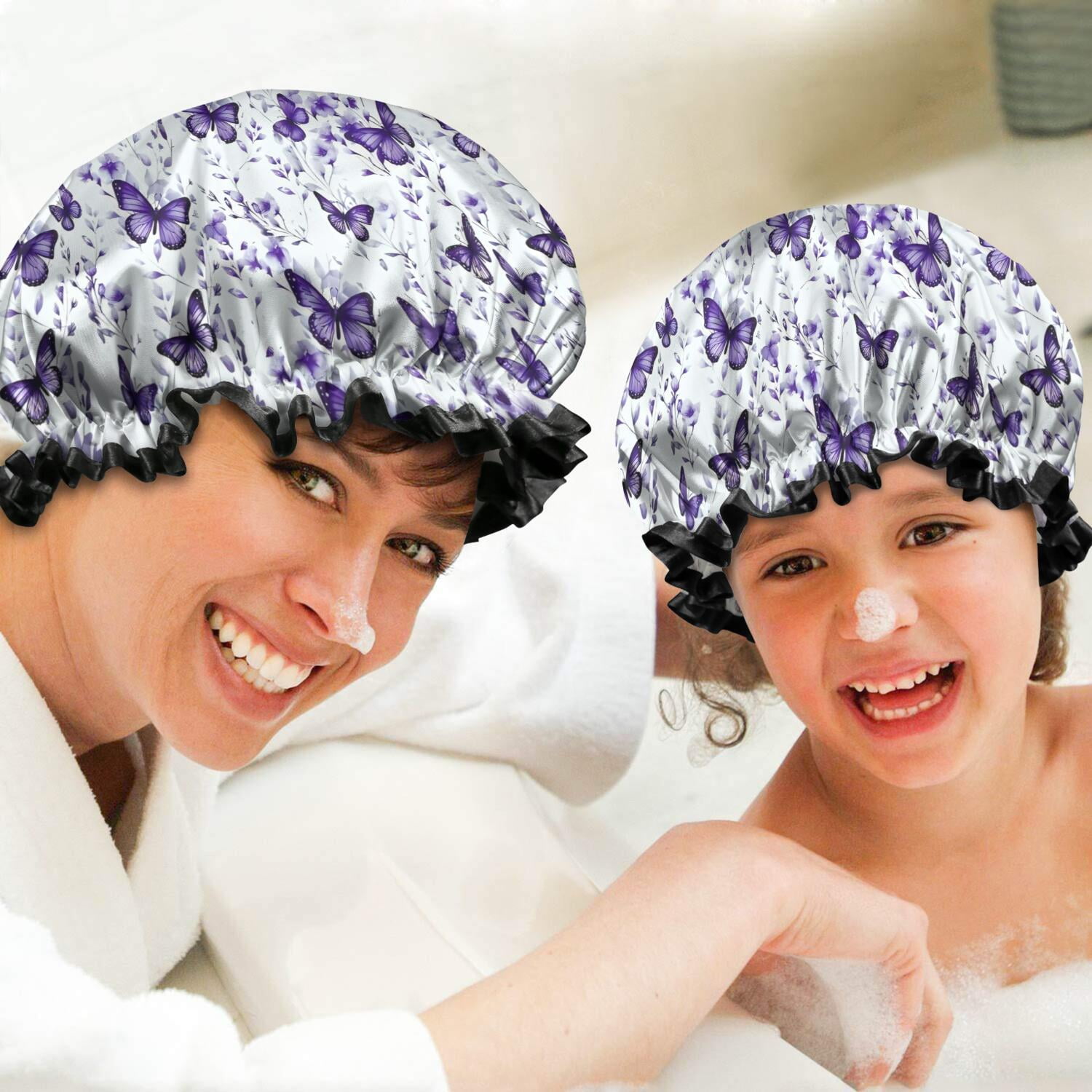 Shower Caps,White Purple Butterfly Plant Pattern Waterproof Shower Cap for Women 4 Pieces,Double Reusable Hair Cover for Shower PEVA Elastic Stretch Hem