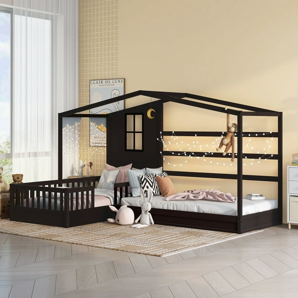 Bellemave House Beds for 2 Kids, Wood LShape Twin Bed Frame with Roof