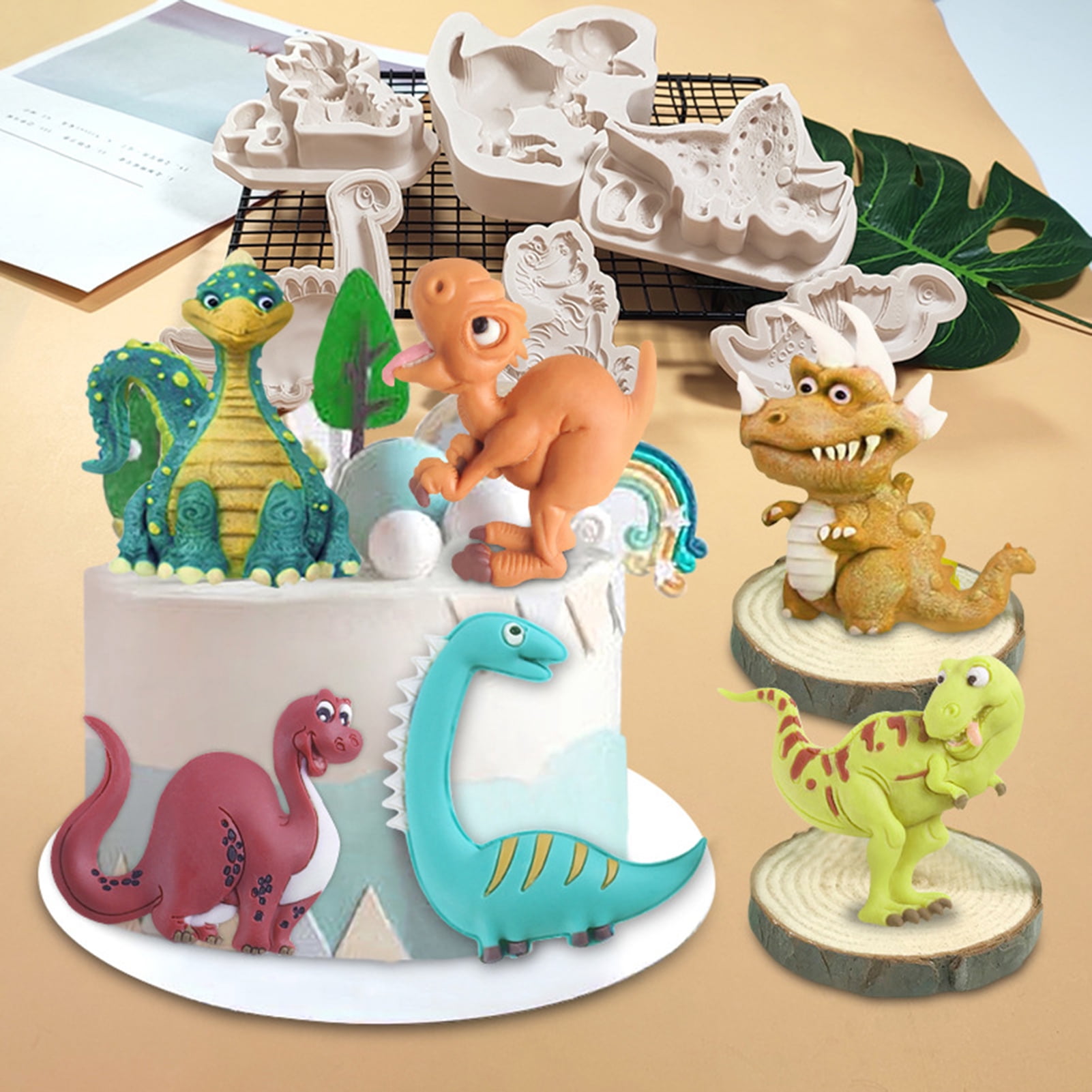 Lovely 4 Hole Dinosaur Silicone Icing Baking Chocolate Topping Sugar Mould  T