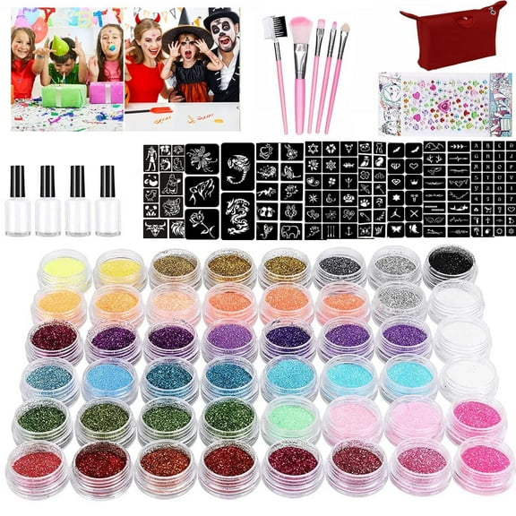 Howaf 48 Colors Glitter Tattoo Kit Body Temporary Tattoos with 94 Tattoos Stencils, 2 Glue, 5 Brushes for Halloween Carnival Cosplay Parties Kids Teenager Adult