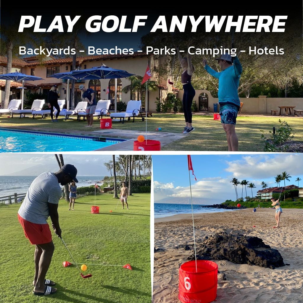 BucketGolf Pro 9 Hole Course - The Ultimate backyard golf game for levels, adults, kids and families. Play on vacation, park, beach, camping and more.