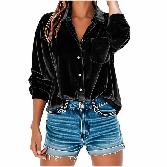 Stamzod Womens Velour Top Fashion Solid Color V Neck Long Sleeve Pullover Tops Casual Loose Plus Size Button Down Shirts for Women Black XXL