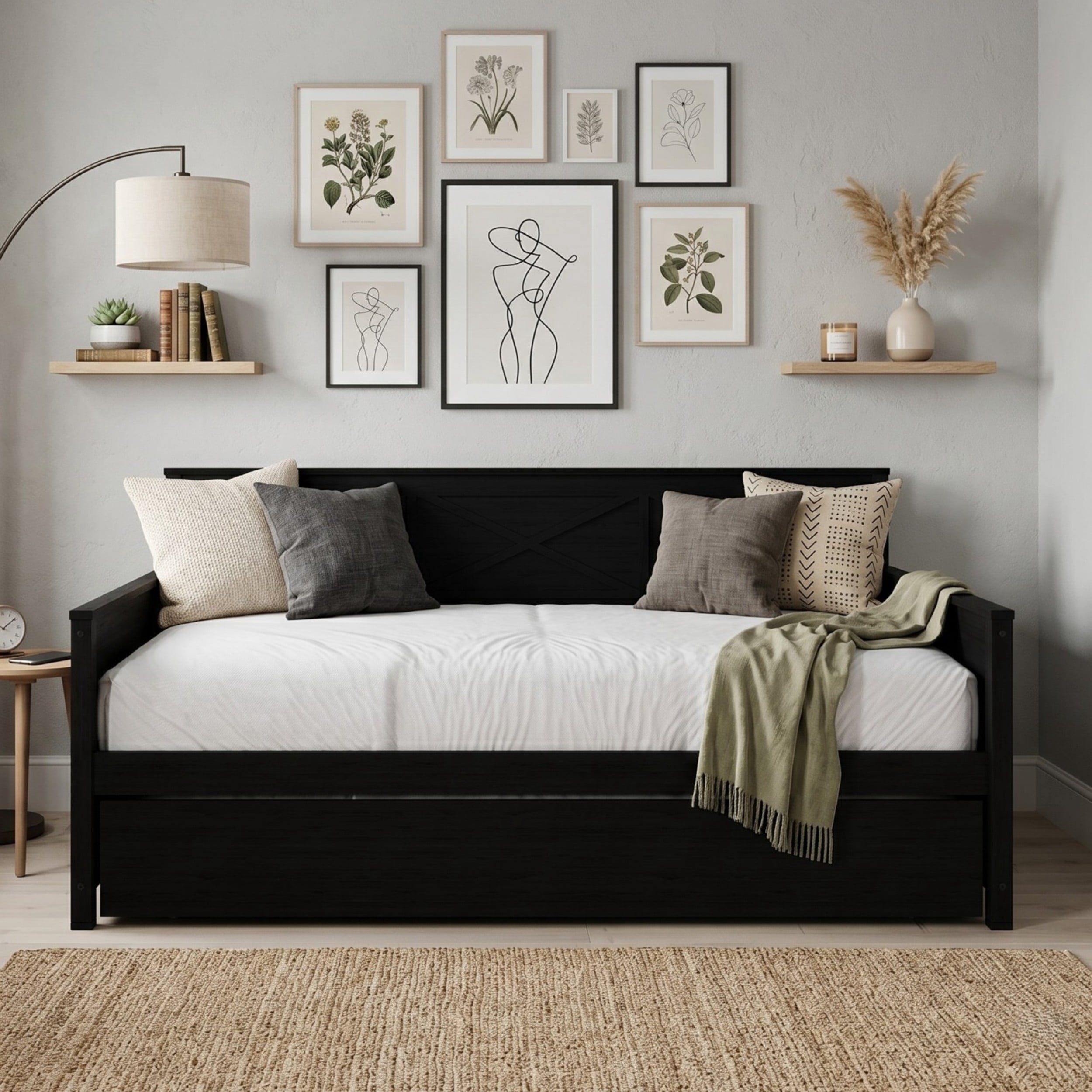 Home Design Minot Twin Solid Wood Daybed with Pull-out Trundle, Black