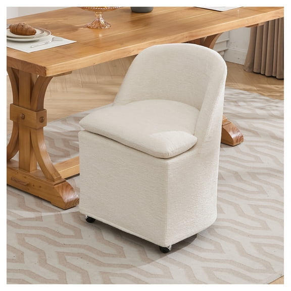 058-Set of 2 Chenille Fabric Dining Chairs With Universal Wheels,Beige Caster   Wood   Beige   Dining Room   Foam   Wipe Clean   Modern   Dining Chairs   Wing Back   Set of 2   Foam   Chenille