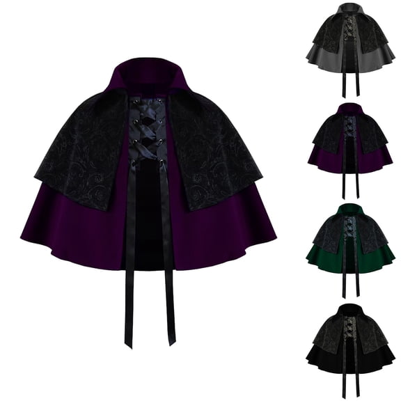 Hvyesh Mens Victorian Cloaks Renaissance Double-Layer Lace Up Cape Steampunk Gothic Western Capelet Short Cloak