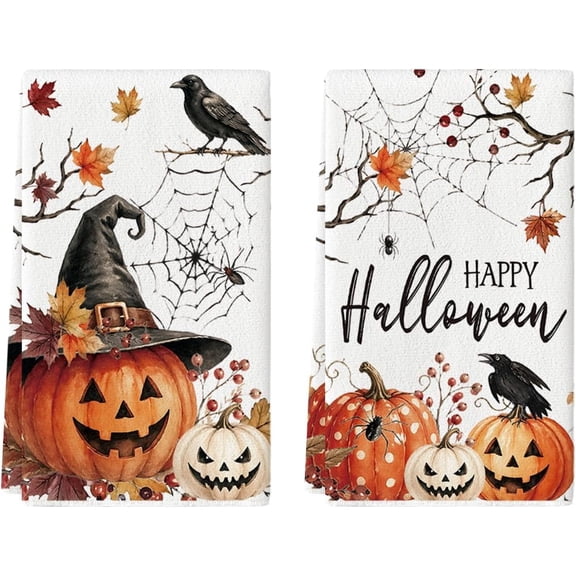 Pumpkin Witch Hat Halloween Kitchen Towels Set of 2 18x26 Inch | Crow Leaves Spider Webs Hand & Dish Towels,Ultra Absorbent,Seasonal Farmhouse Decoration