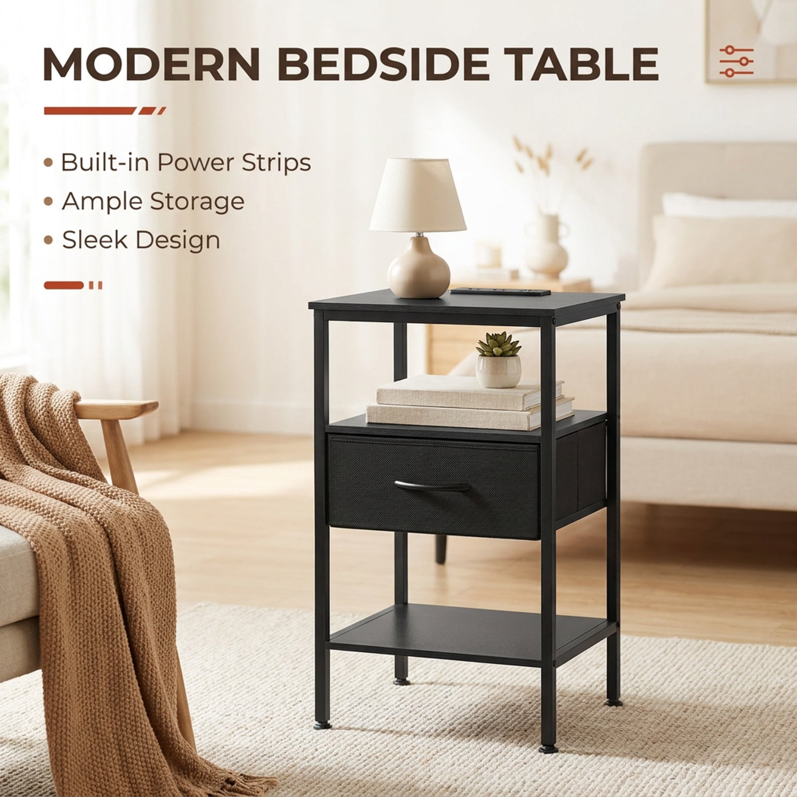 Furnibear Nightstand with Charging Station 24.5 inch Modern Bedside Table with Fabric Drawer for Bedroom Living Room Bedside Sofa Side Small, Black