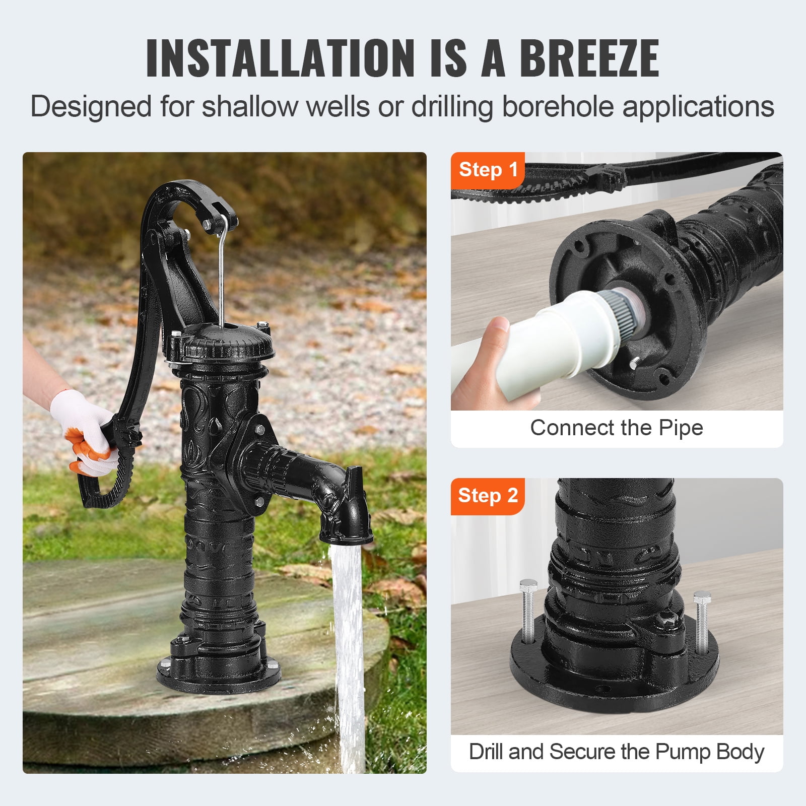 KFFKFF Classic Manual Water Pump, 22 ft Lift Capacity, Durable Cast Iron Construction, Hand-Operated with Comfortable Handle G1-5/8", Simple Setup, Ideal for Outdoor Gardens, Yards, Farms - Black