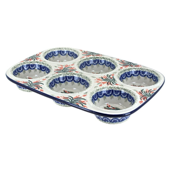 Blue Rose Polish Pottery Spring Tulip Muffin Pan