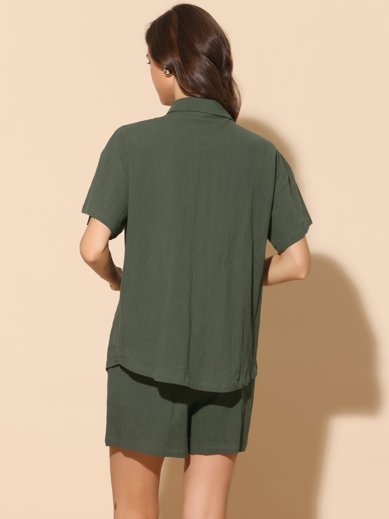 DARING DIVA 2 Pcs Women's Cotton Button Down Shirt Lounge Beach Short Sets M Army Green