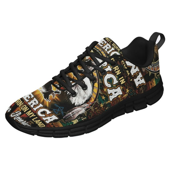 America Was Born On My Land Native American Flag Running Shoes Sneakers Mesh Black Size 3.5