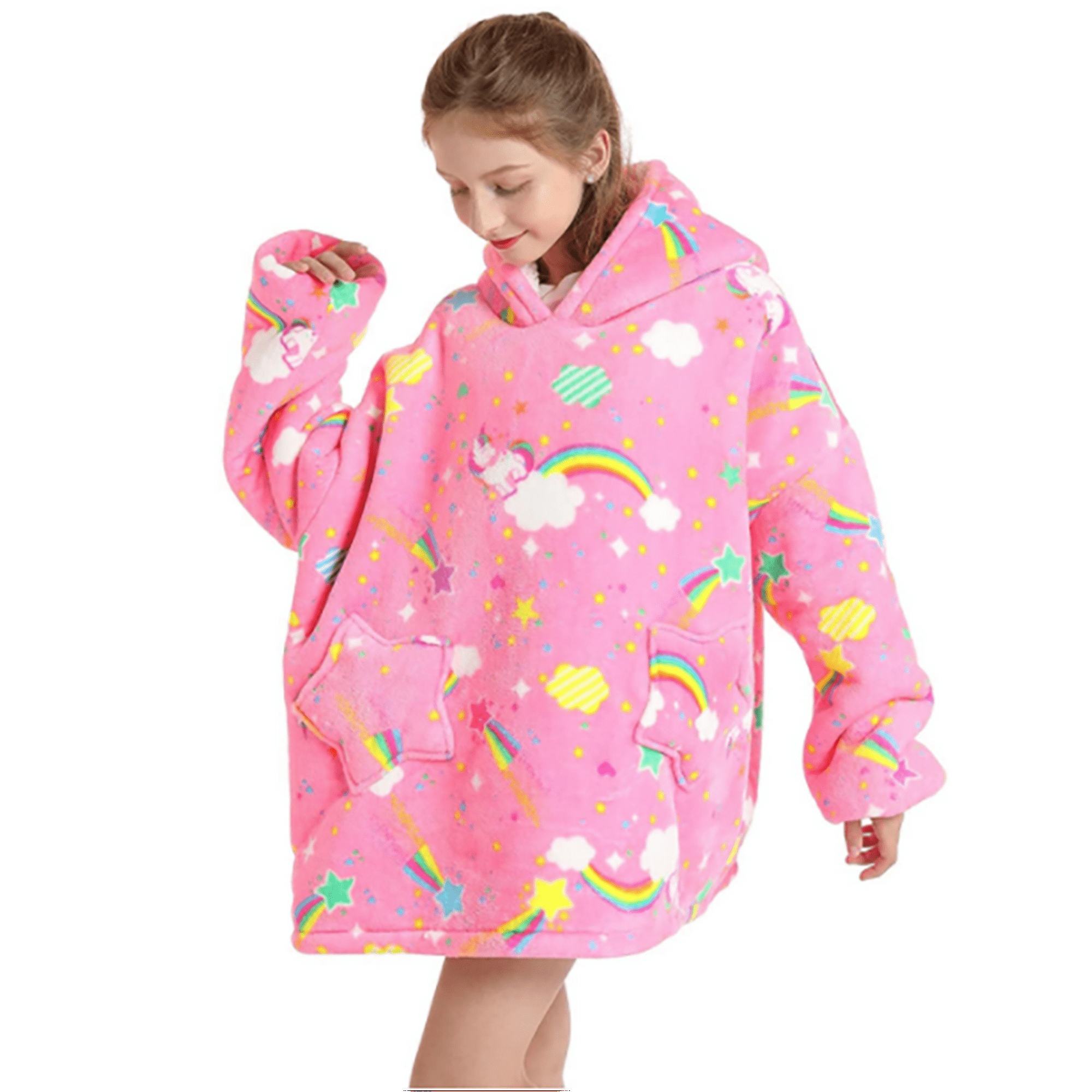 Wearable Blanket Hoodie for Kids Animal Oversized Sweatshirt Hooded Blanket Girls Boy Cute Super Soft Warm Flannel Blanket with Pocket and Sleeves Horse Pink Walmart