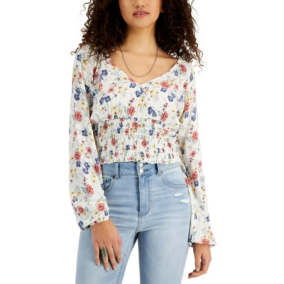 Self Esteem Juniors Floral-Print Surplice Smocked-Hem Top