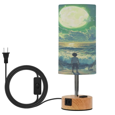 Touch Control Table Lamp with Wood Grain Metal Base 3 Color Temperature Adjustable LED Eye Caring Desk Lamp for Bedroom Study Appreciate The Moon