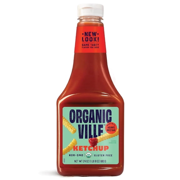 Organicville Organic Ketchup - Tomato Ketchup, Gluten Free, Non-GMO, Vegan, USDA Organic, Made with Agave Nectar, Plant-Based Ketchup, Squeeze Bottle - 24 Oz