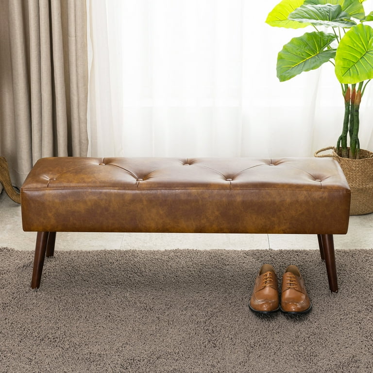 Faux Leather Bedroom Bench Tufted Entryway Ottoman Bench Yellow