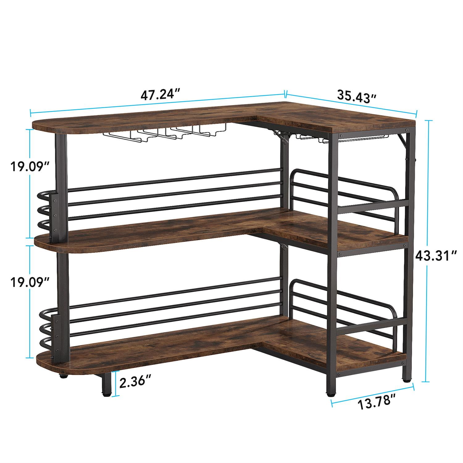 Demi Bonn 47" L-Shaped Bar Unit, 3 Tier Liquor Bar Table Cabinets with Wine Glasses Holder, Pub Tables for Kitchen, Dining Room, Brown