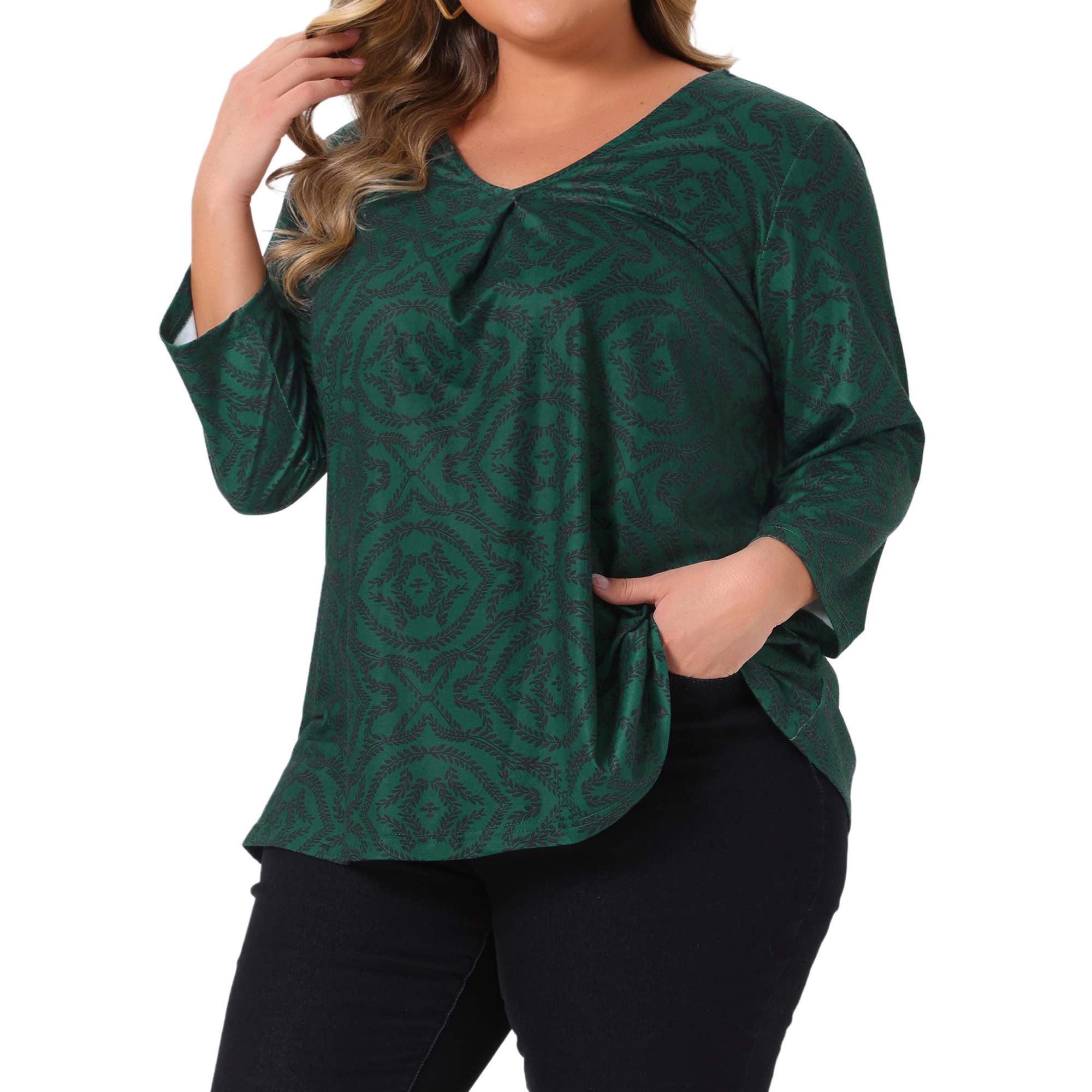DARING DIVA Women's Plus V Neck 3/4 Sleeve Botanical Print Blouse Tunic Top 1X Dark Green