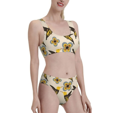 Uemuo Yellow Flowers Hummingbird Printed Women s High Waisted Bikini Sets Sporty Two Piece Swimsuits Color Block Cheeky High Cut Bathing Suits-X-Large