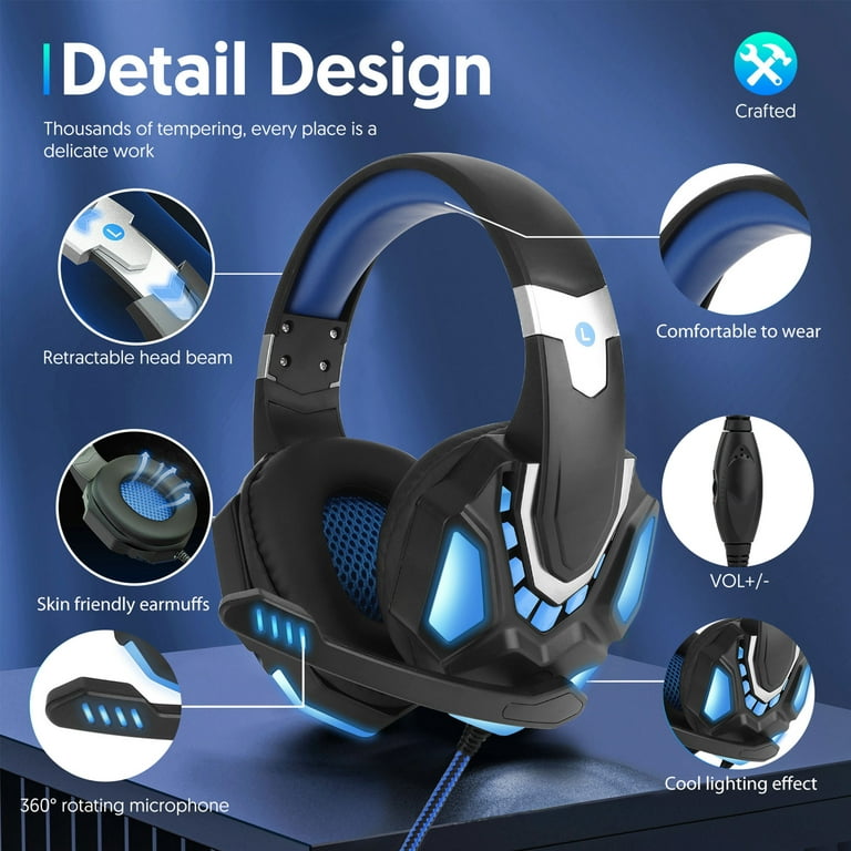 Gaming Headset with Mic for Smartphone, LED Over Tablet Xbox Switch 3.5mm Microphone One Light Memory Ear PS4 Nintendo Bass Canceling 7 Earmuffs Stereo Headphones Soft PC Noise PS5