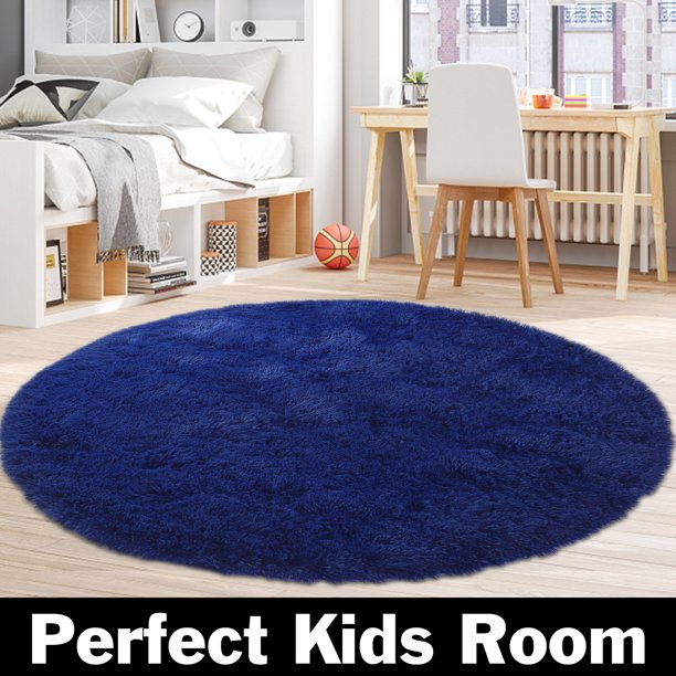 Blue Round Rug For Bedroom,Fluffy Circle Rug For Kids Room,Furry Carpet