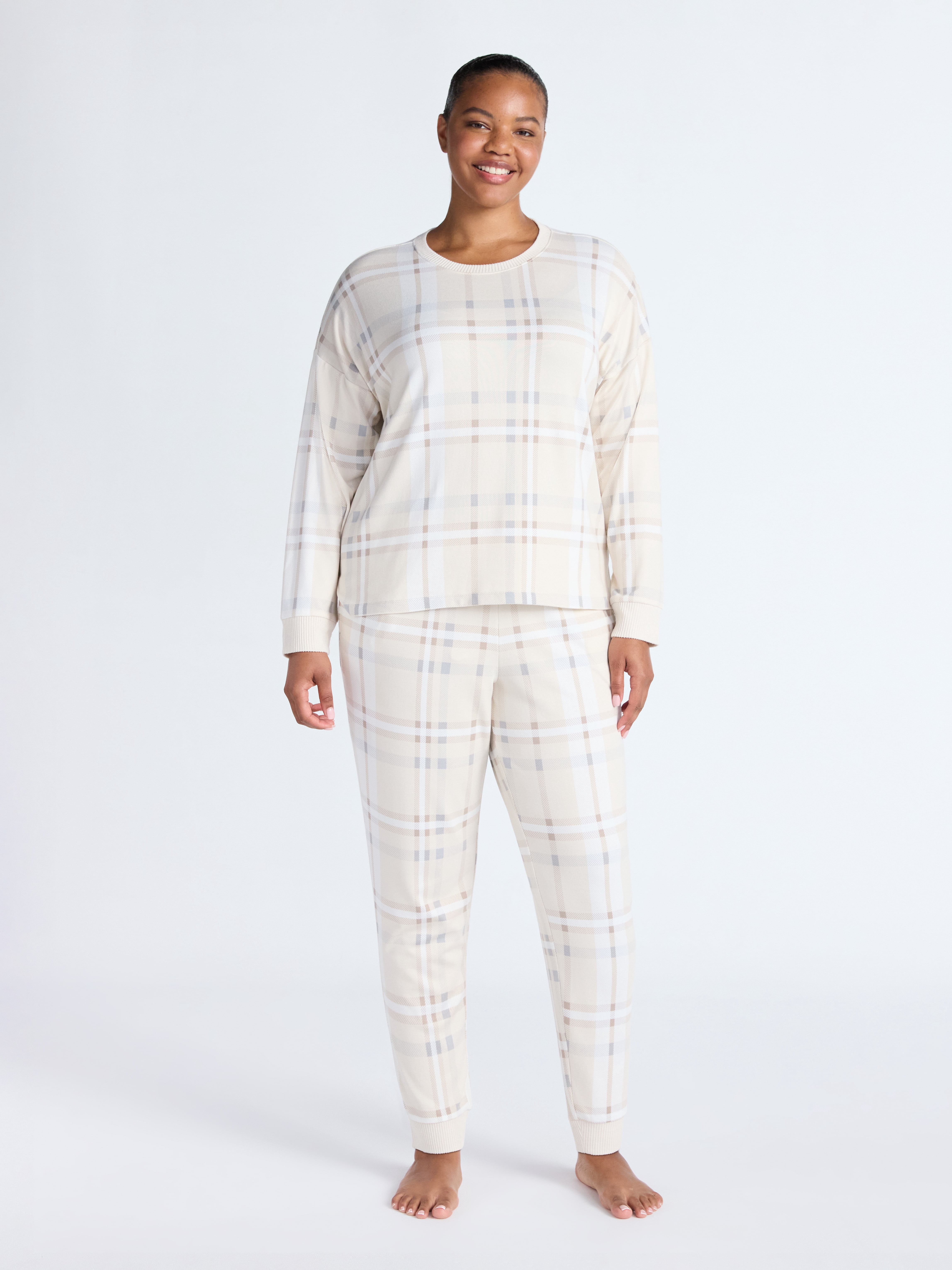Joyspun Women's Cozy Lounge Collection Hacci Knit Long Sleeve Top and Joggers Pajama Set, Sizes XS-3X