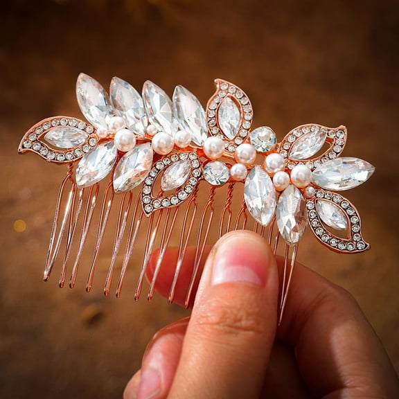 Crystal Wedding Hair Comb Pearl Bride Headpiece Rose Gold Rhinestone Hair Piece Bridal Side Hair Accessories for Women and Girls