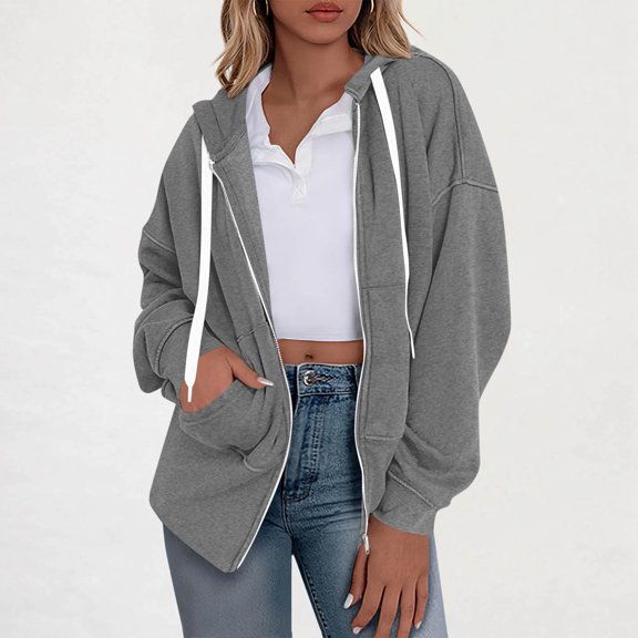 Guieoi Plus Size Jackets Women's Fashion Casual Ladies Printed Long Sleeve Tops Blouse Hooded Sweatshirts Gray