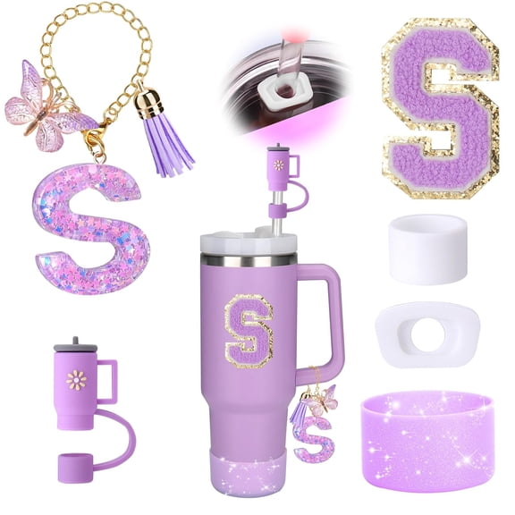 6PCS Cup Accessories Set (Letter S) for Stanley Cup 30oz 40oz tumbler with handle, Including Silicone Straw Topper Cover Cap and Boot, Spill Proof Stopper, Handle Charm, Initials Sticker