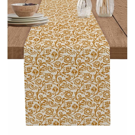 Orange Floral Table Runner 108 Inches, Vintage Art Flowers Pattern Flower Bed Runner Dresser Scarves Tabletop for Indoor Outdoor Parties/Ceremony/Banquet, 13"x 108"