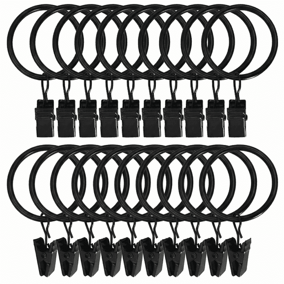 30 Pack Curtain Rings with Clips, Heavy Duty Drapery Clip,Tension Rods Hooks, Polish Black Curtain Hooks Hangers