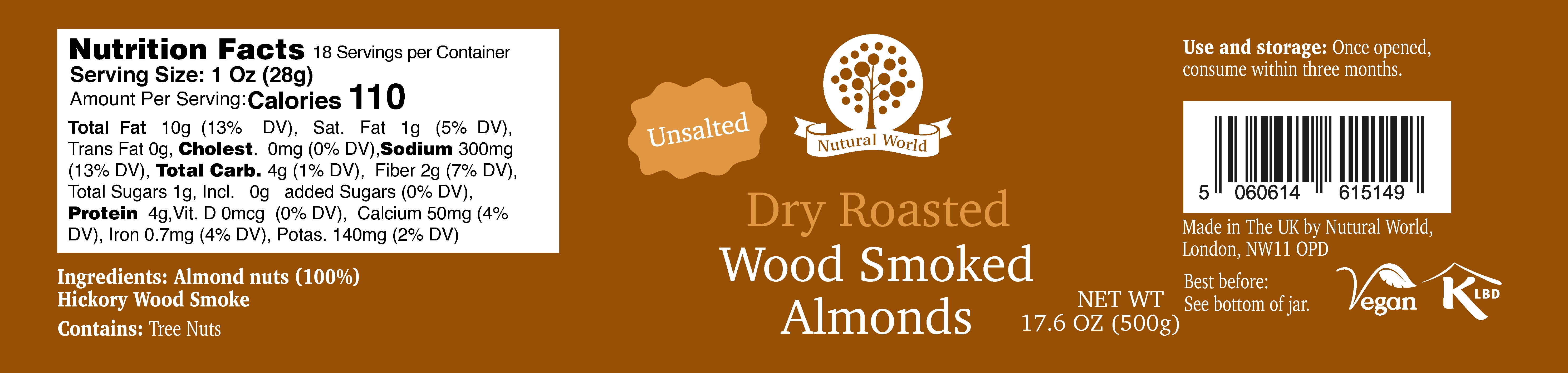Nutural World - Dry Roasted Wood Smoked Almonds - Unsalted 17.63 oz (500g) - Great Taste Award Winner - Vegan, Paleo Friendly