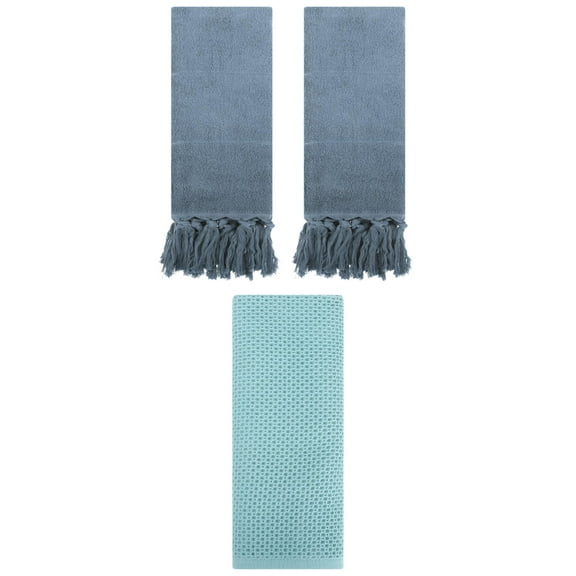Unique Bargains 3 Pack Cotton Soft Absorbent Tassels and Waffle Decorative Hand Towel Blue/Light Blue 14" x 30"/13" x 30"