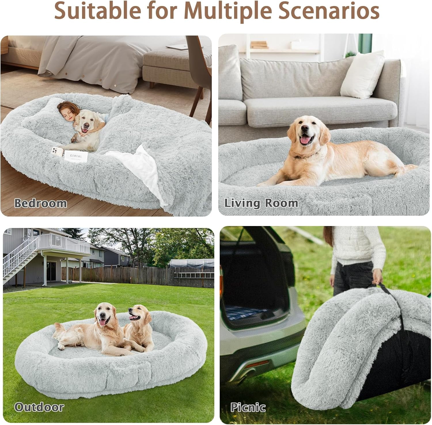 Oversize Memory Foam Human Dog Bed, with Pillow & Blanket, Gray 71"L x 45"W x 12"Th