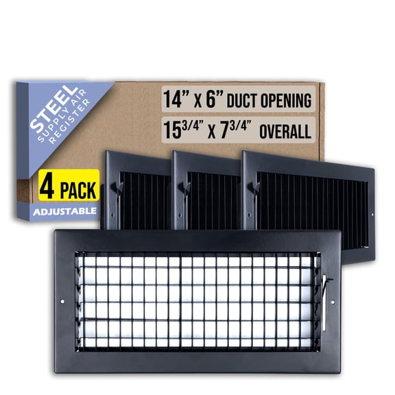 [4 Pack] Fits 14x6 Duct Opening Steel Adjustable Air Supply Grille by Handua | Register Vent Cover Grill for Sidewall and Ceiling | Black | Outer Dimensions: 15.75" X 7.75"