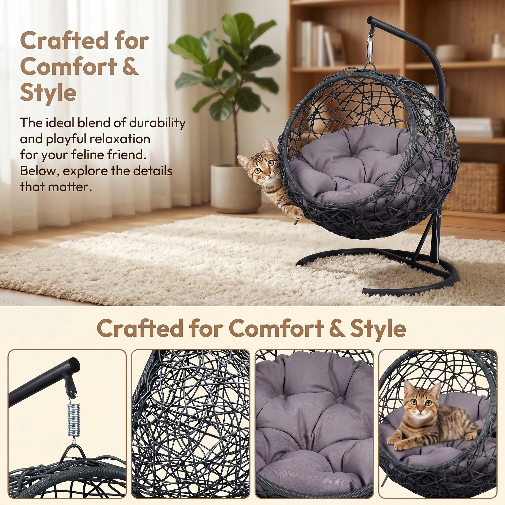 Gray Cat Swing Bed with Stand & Cushion, Rattan Wicker Egg Chair, Indoor Outdoor Hanging Hammock Bed for Cats Dogs Small Animals Bedroom Porch