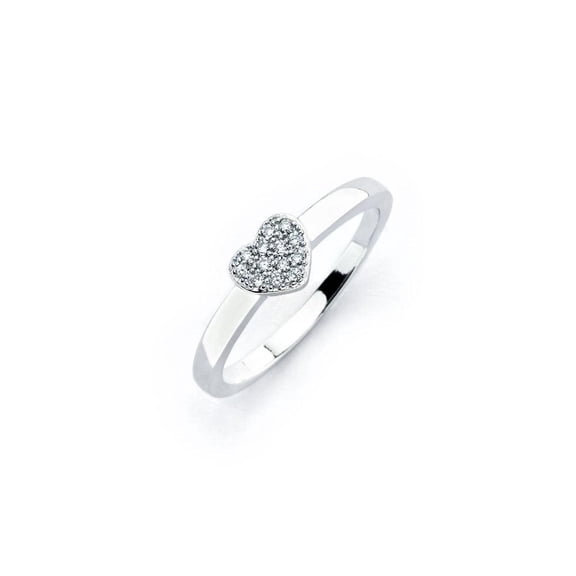 Rhodium Plated Sterling Silver 925 Clear Micro Pave Set Heart Ring White CZ Female Size 5