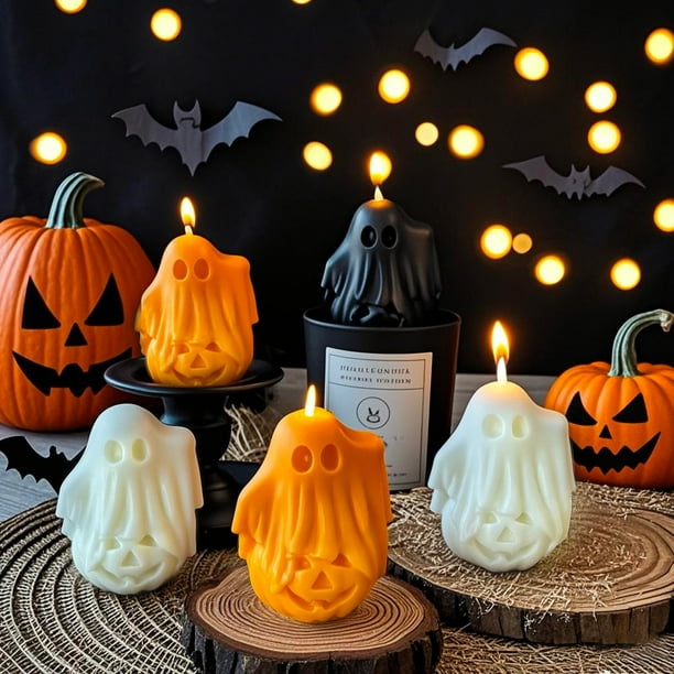 Velas Aromáticas de Fantasmas para Halloween | Blanca, Negra, Naranja | Cera Segura E Inodora | Decoración para Múltiples Ocasiones | Paquete de 3 | 11,4 Cm de Alto