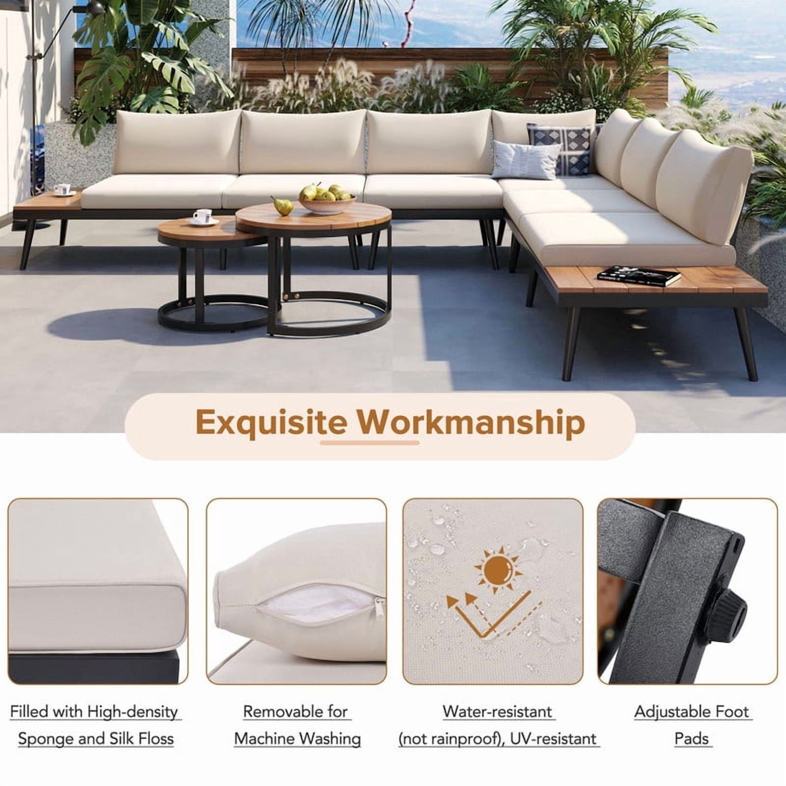 6-Piece L-Shaped Outdoor Sectional Sofa Set with Round Nesting Coffee Tables, Patio Furniture Set with Side Tables, Outdoor Conversation Set with Cushions