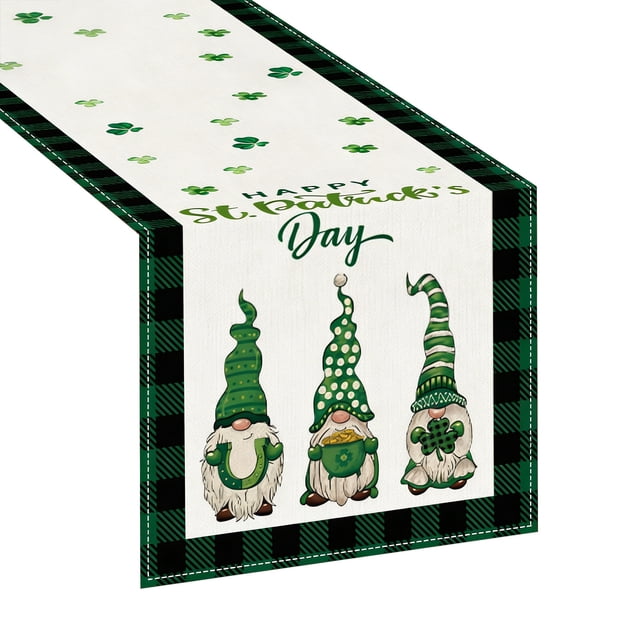 St Patricks Day Table Runner And Tablecloth Set, Green Printed Polyester Fabric with Bohemian Openwork Design, 70.8 x 13 Inches for Dining Table Decor, Kitchen Sideboard,