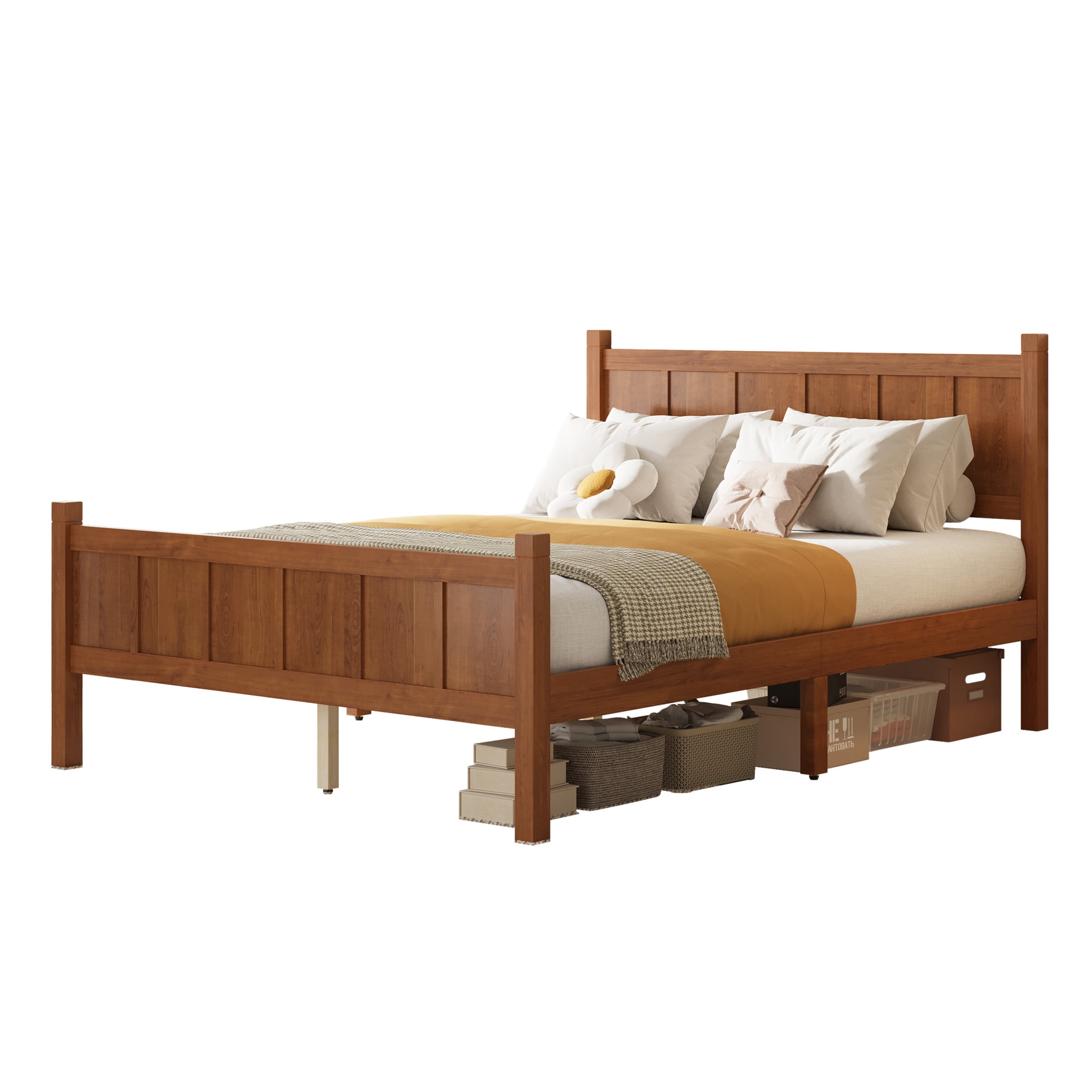 Noble House Full Platform Bed with Headboard and Footboard, Wood Frame, Light Walnut