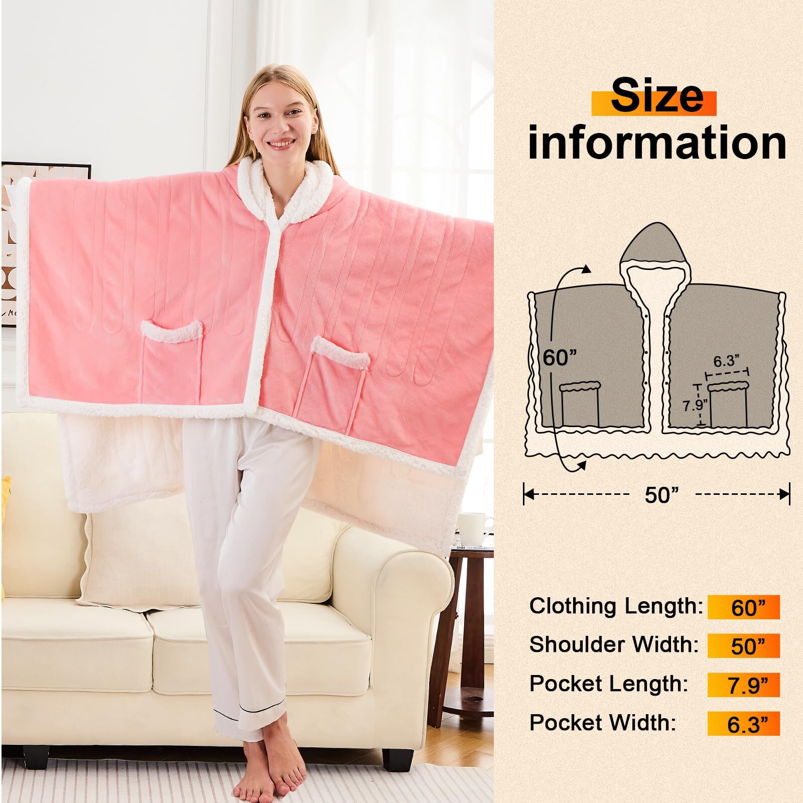 PMONPA Wearable Heated Throw Blanket for Adult, Electric Heated Wrap Poncho Shawl with Pockets, 6 Heating Levels & 2 to 10 Hours Time Settings, 51" x 61", Pink
