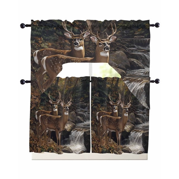 Forest Deer Kitchen Curtains Sets 36 Inch Length with Valance, Farmhouse Vintage River Elk Swag Valances and Tiers Curtain Set Drapes Swag Curtains for Living Room, Bathroom, Bedroom, Cafe