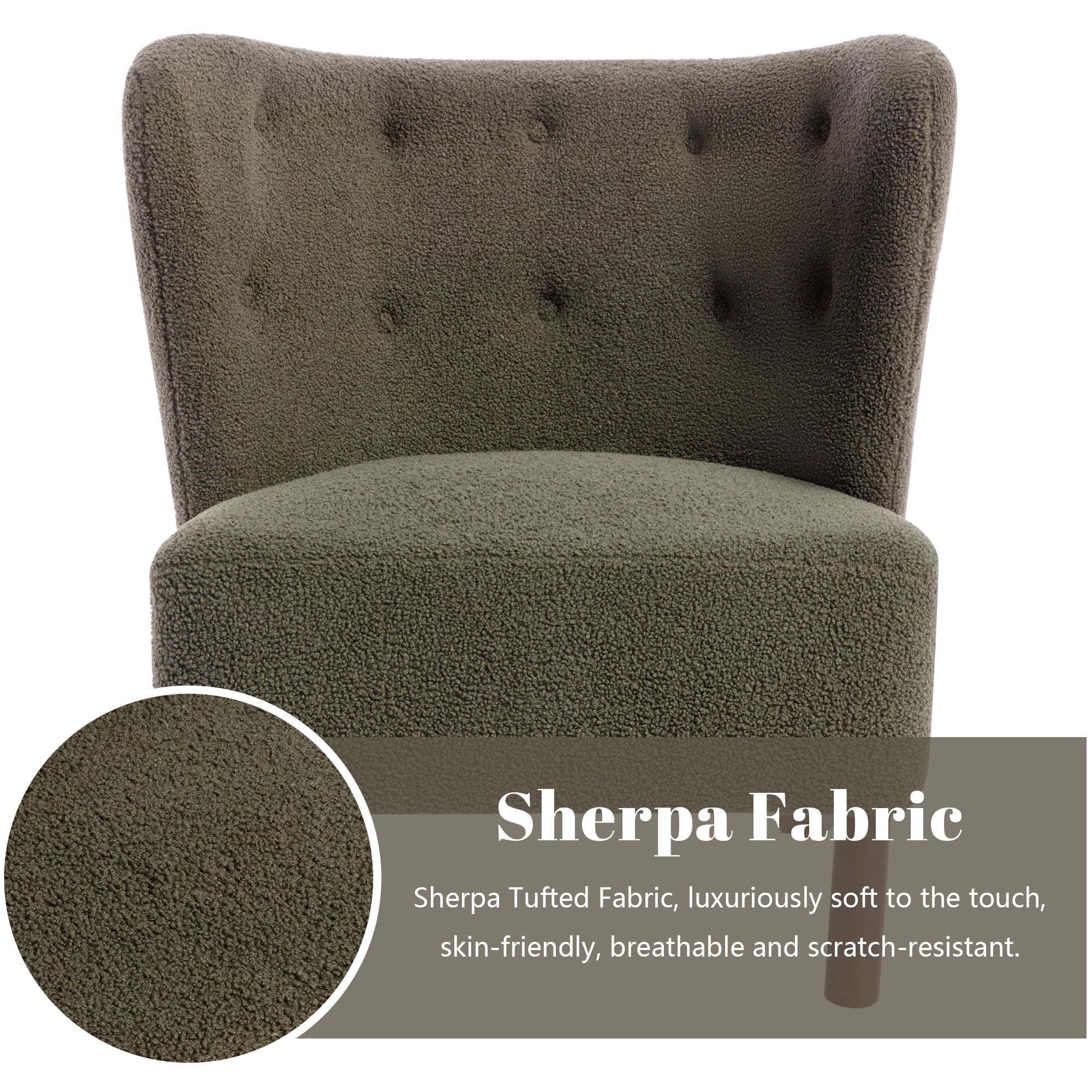 Miniyam Sherpa Boucle Accent Chair with Wooden Legs,Round Upholstered Armless Chair for Small Spaces,Reading Chair,Green