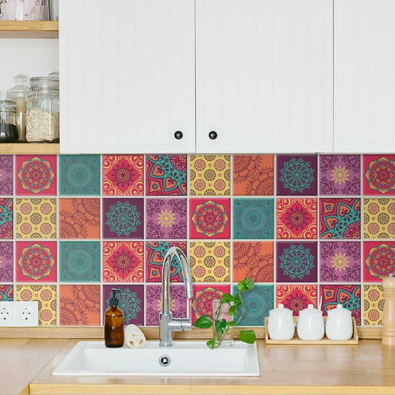Walplus Peel and Stick Backsplash Colourful Mandala Spanish 3D Tile Decals 80 Sheets 6" x 6"