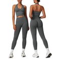 thumbnail image 2 of IDOPIP 2 Piece Workout Sets for Women Seamless Halter V-Neck Tank Top Scrunch Butt Lifting High Waist Leggings Gym Sets Active Wear Sports Outfit L Grey, 2 of 8