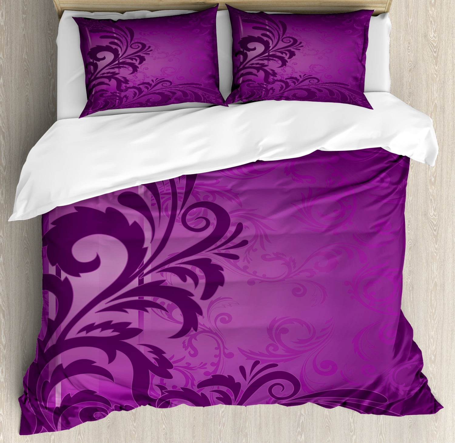 Purple Duvet Cover Set King Size, Spiral Floral Branch Leaves on the
