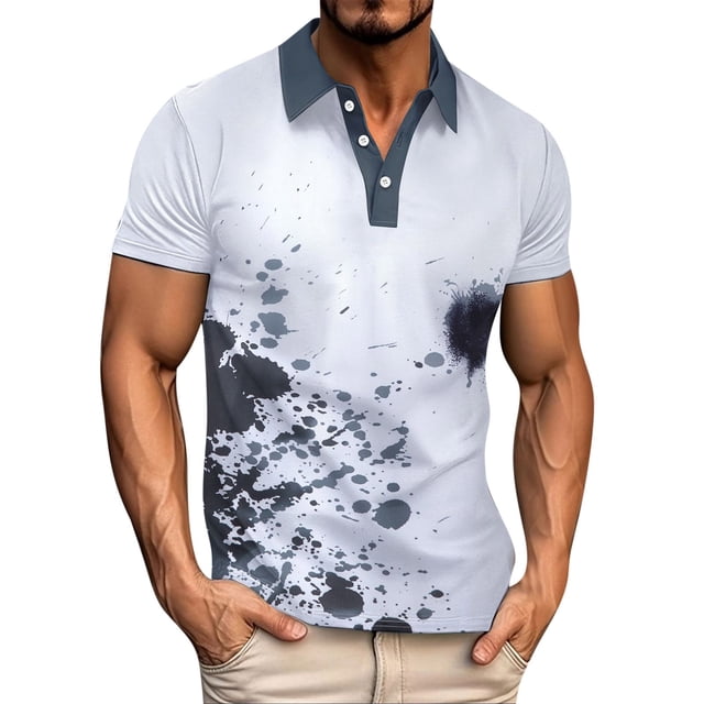 Blusa y camisa de manga corta con cuello vuelto para hombre, informal, de manga corta, con botón de solapa y estampado de salpicaduras de tinta, para hombre.
